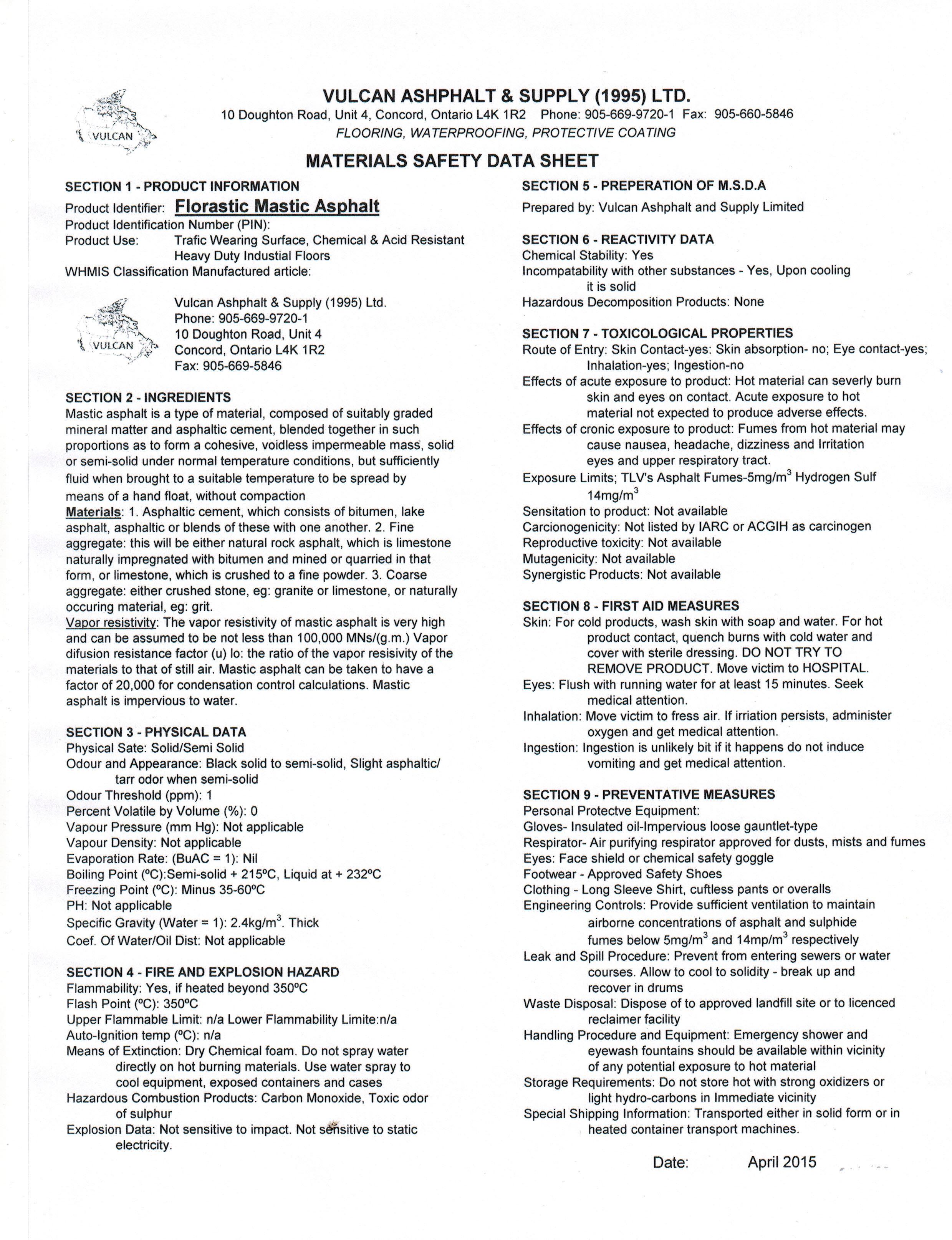 MSDS Sheets & Safety Vulcan Asphalt